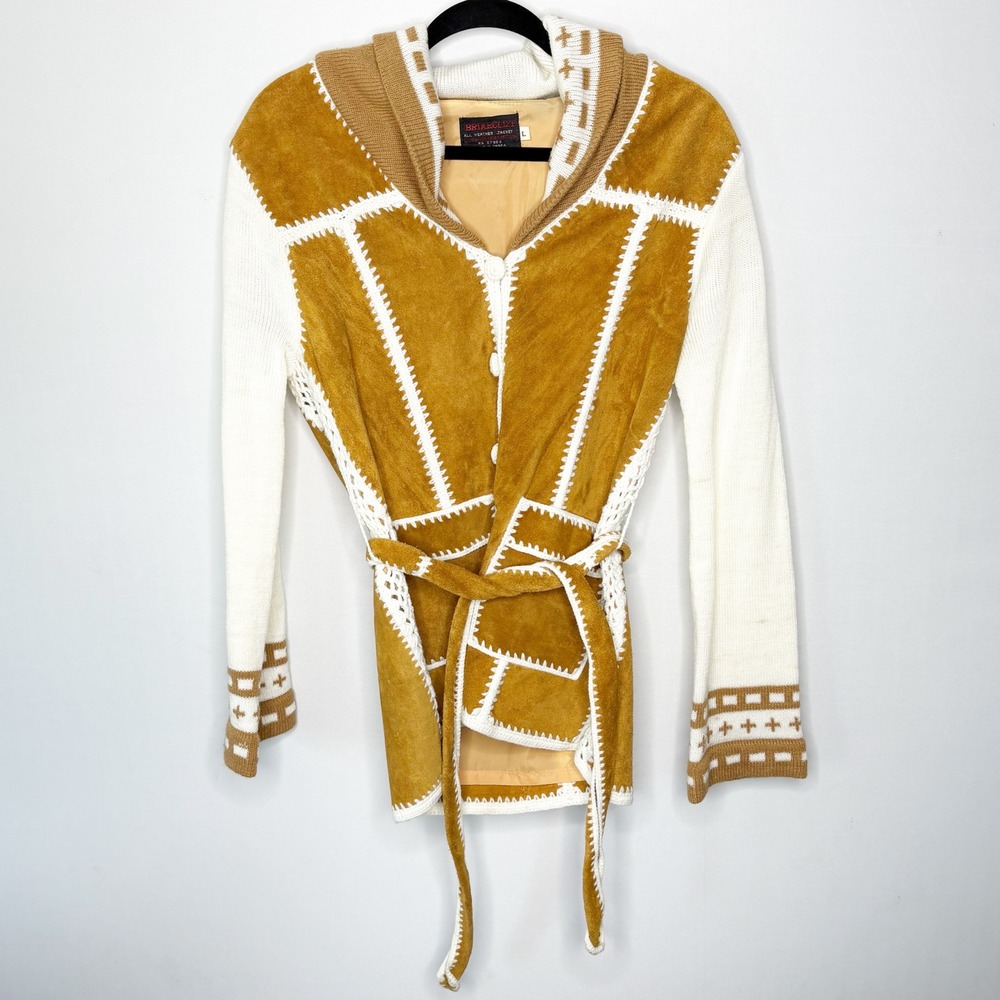 Briarcliff Vintage 70s Patchwork Suede Knit Hooded Cardigan Jacket Mustard Large